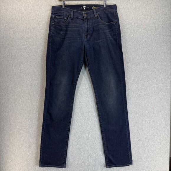 7‎ For All Mankind Mens Slimmy Dark Wash Blue Denim Jeans Slim Leg Size 33 x 34 - Picture 1 of 14